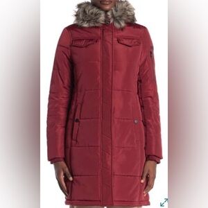 Lucky Brand Burgundy Puffer Coat with Faux Fur Trim